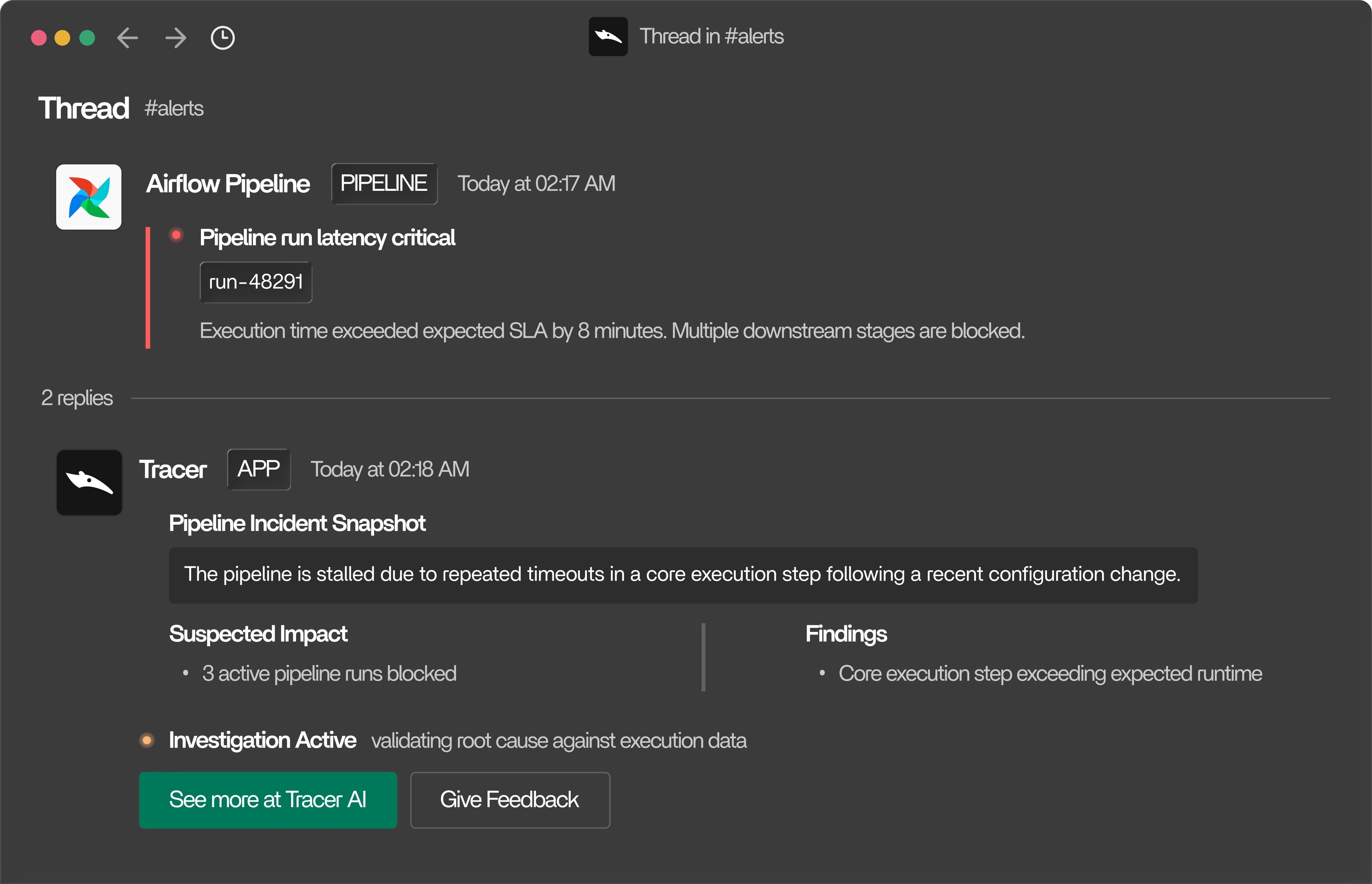 Tracer Slack integration showing automated alert investigation